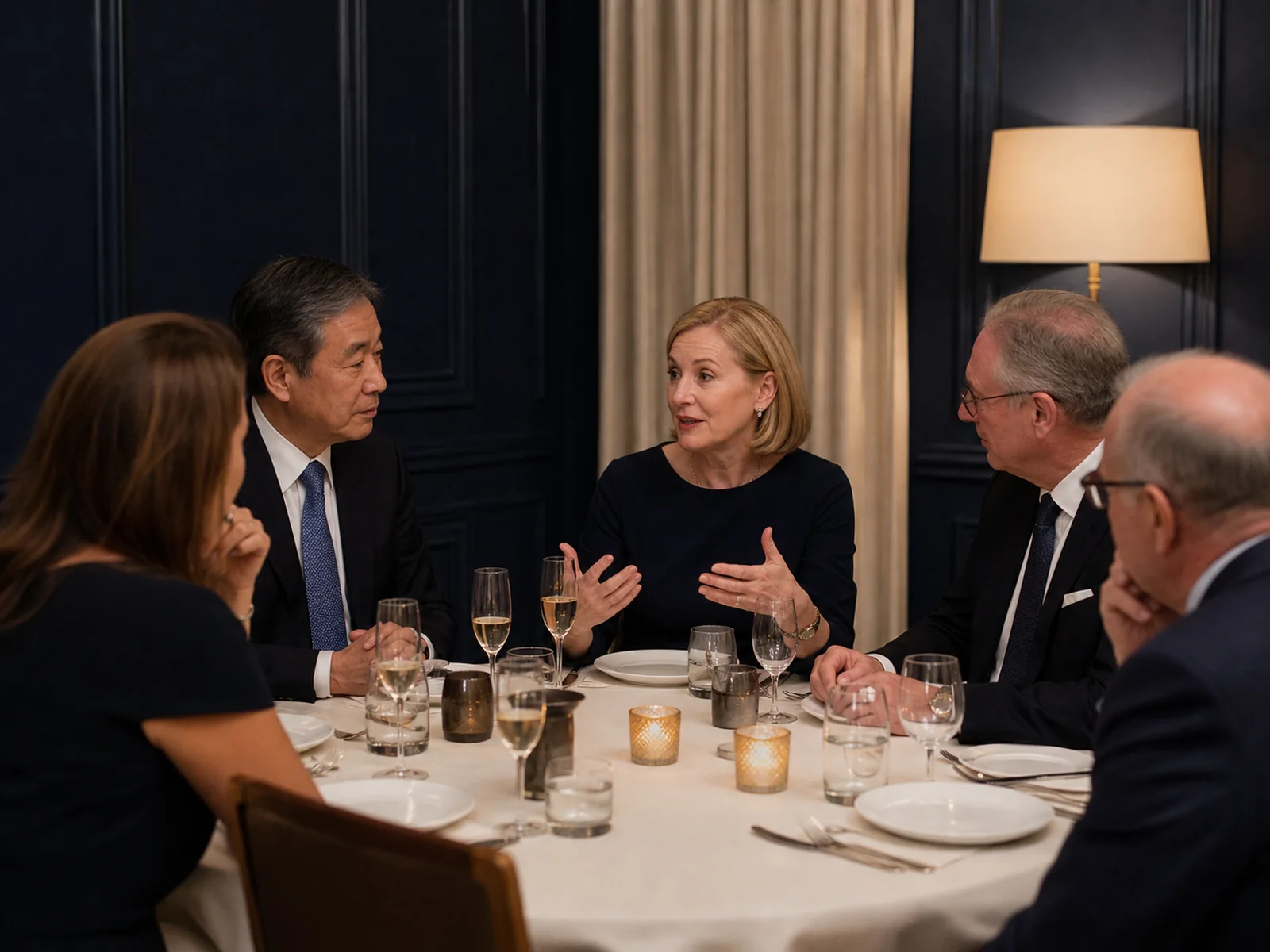 Guests in thoughtful conversation around a dinner table