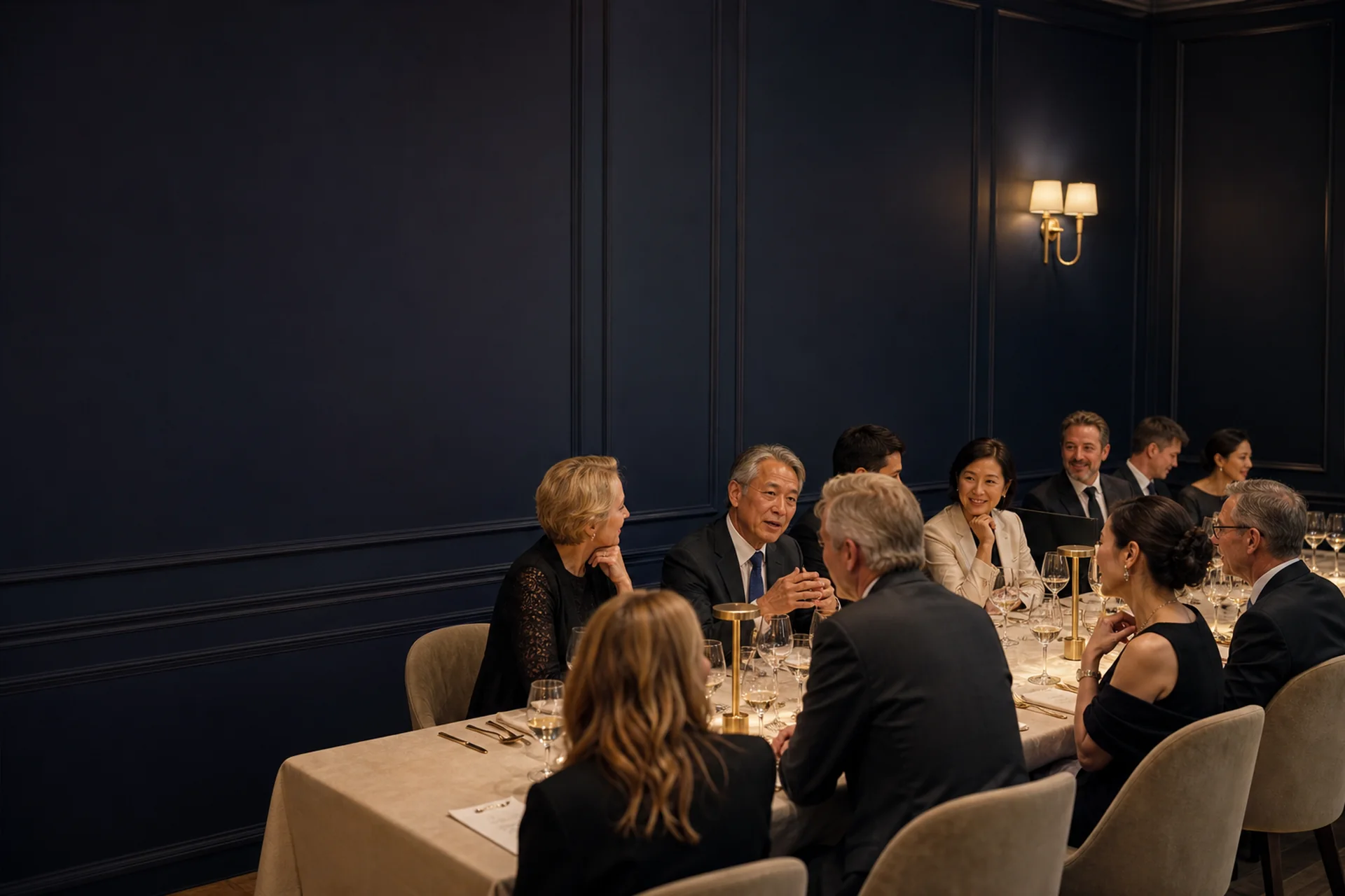Senior professionals sharing an intimate cultural dinner